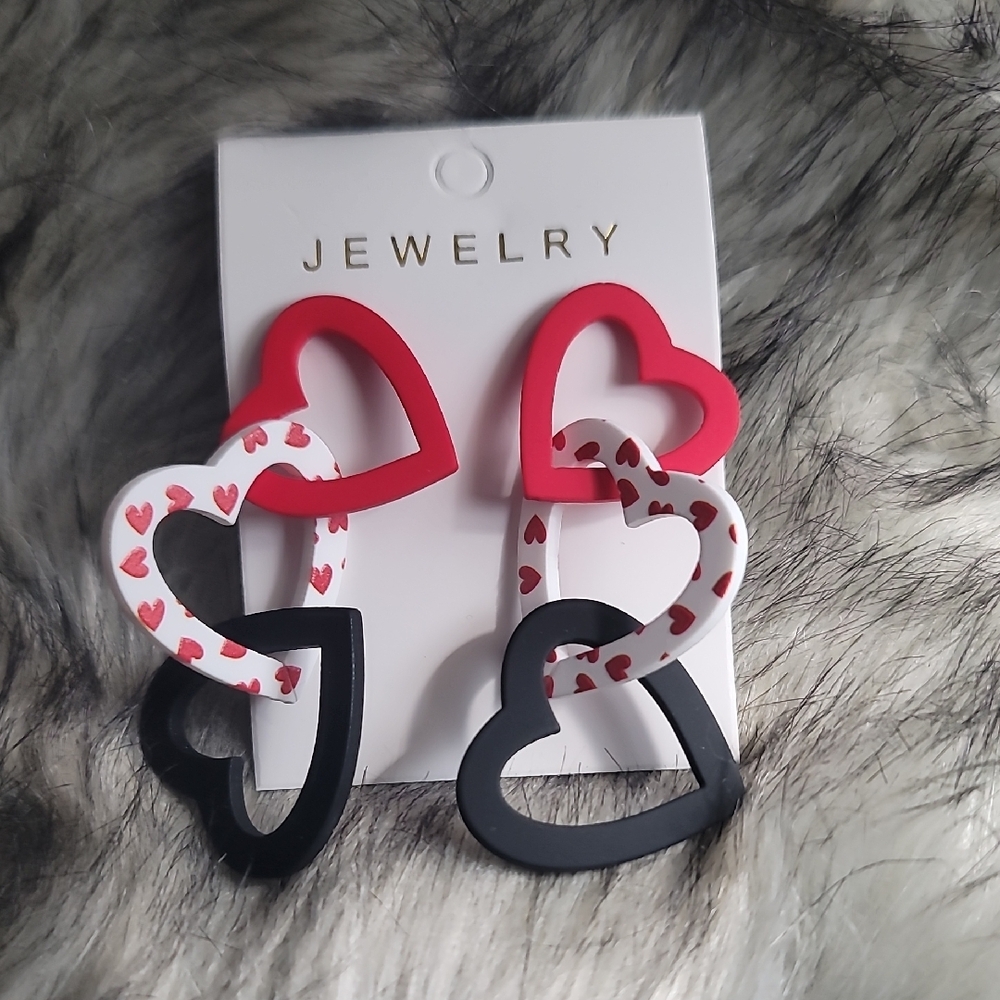 Heart-Shaped Red and Black Earrings